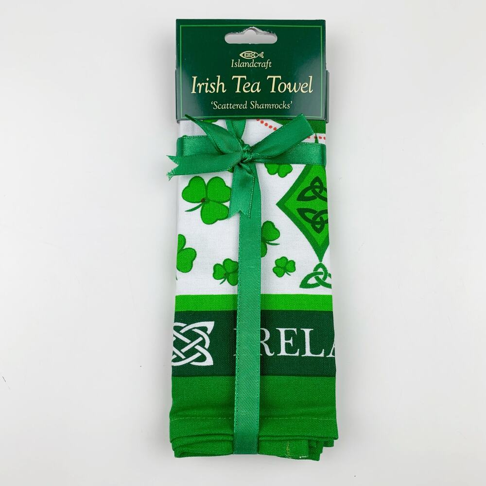 New Islandcraft Irish Tea Towel Scattered Shamrocks Design White Green Cotton